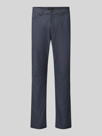 Produktfoto, dunkelblaue Straight Fit Hose aus Baumwoll-Mix Modell 'Yarn' von bugatti, 5-Pocket-Design, strukturierte Oberfläche, sichtbarer Knopf- und Reißverschluss, elastisches Material, Herren Hose, Größenangaben: Bundweite 40 cm, Innenbeinlänge 81 cm
