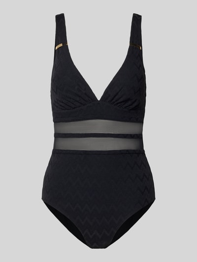Produktfoto, Badeanzug mit wattierten Cups Modell 'EIVISSA' von DORINA in Schwarz mit Strukturmuster, V-Ausschnitt und Mesh-Einsätzen