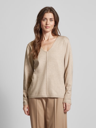 FREE/QUENT Gebreide pullover met V-hals, model 'Claura' Taupe gemêleerd - 4