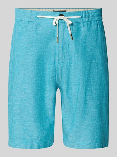 Produktfoto, Shorts mit elastischem Bund von Scotch & Soda aus Baumwoll-Leinen-Mix in Hellblau mit Tunnelzug, Regular Fit, Bundweite 43 cm, Innenbeinlänge 20 cm, strukturierte Oberfläche.