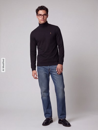 Männermodel trägt Regular Fit Rollkragenpullover aus reiner Baumwolle von Polo Ralph Lauren in Schwarz zu Jeans, Ganzkörperansicht von vorne, KI-modifiziertes Bild