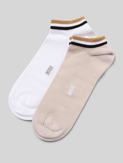 Produktfoto, Sneaker-Socken im 2er-Pack aus Baumwoll-Mix von BOSS, gładkie, elastyczne, prążkowany ściągacz, kontrastowe paski, kolor biały i beżowy