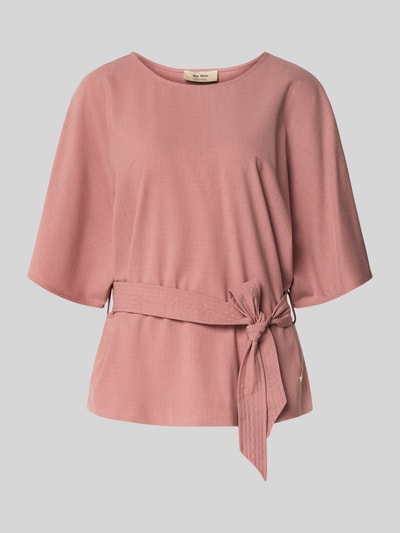 Productfoto, roze Relaxed Fit blouse uit viscosemix model 'Rikas' van MOS MOSH met afneembare stoffen band, halflange mouwen, ronde hals, ruglengte maat S 63 cm, mouwlengte maat S 28 cm, zichtbare fijne textuur