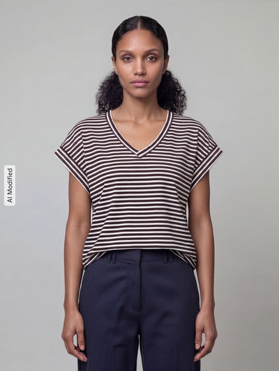 Frauenmodel trägt T-Shirt mit V-Ausschnitt von zero, Regular Fit, Baumwoll-Mix, braun-weiße Blockstreifen, Ganzkörperansicht von vorne.