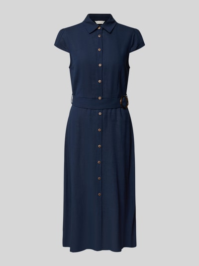 Produktfoto, Hemdblusenkleid aus Viskose-Leinen-Mix mit Gürtel von Apricot, dunkelblau, taillierter Schnitt, Midikleid, Hemdblusenkragen, Knopfleiste, Damen, Rückenlänge 114 cm, Brustweite 48 cm, Ärmellänge 10 cm