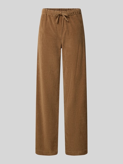 Produktfoto, braune Cordhose mit weitem Bein, Baumwollstruktur, sichtbarer Tunnelzug, Relaxed Fit Cordhose aus Baumwoll-Mix Modell 'JAIMILAA' von ARMEDANGELS, Damen Cordhose