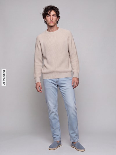 Mężczyzna nosi sweter z bawełny krój regular fit Regular Fit Pullover aus reiner Baumwolle Modell 'BRAUN' von Selected, jasnobrązowy, gładka struktura, Ganzkörperansicht von vorne, KI-modifiziertes Bild.