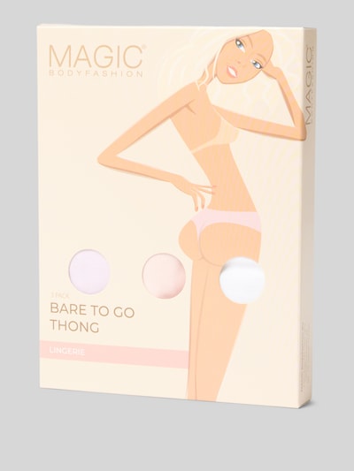 Produktfoto, String im 3er-Pack Modell 'Baretogo' von MAGIC Bodyfashion, sanfte Pastellfarben, Baumwoll-Mix mit Lyocell-Anteil, elastischer Bund, körpernahe Passform, Verpackung zeigt Übersicht, Kontext: Damen String im 3er-Pack Modell 'Baretogo', MAGIC Bodyfashion
