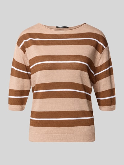 Produktfoto, Strickshirt aus Leinen mit Rundhalsausschnitt von Luisa Cerano, Damen Regular-Fit, Allover-Look, braun beige gestreift, feine Textur