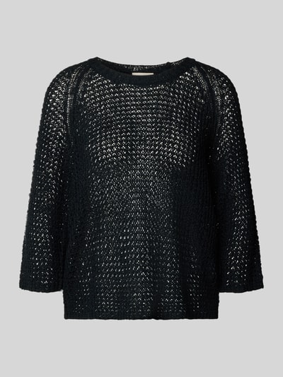 Produktfoto, Strickshirt mit okrągły dekolt i rękaw o dł. 3/4 od FREE/QUENT, krój straight fit, gruby ścieg, długość tyłu 57 cm, długość rękawów 41 cm, czarna dzianina, wyraźna struktura
