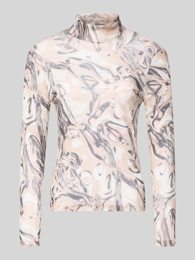 Produktfoto, Slim Fit Longsleeve im semi-transparantem design van Marc Cain in beige, grijs en wit met glitterlook, dames shirt met lange mouwen, opstaande kraag, ruglengte bij maat 36: 59 cm