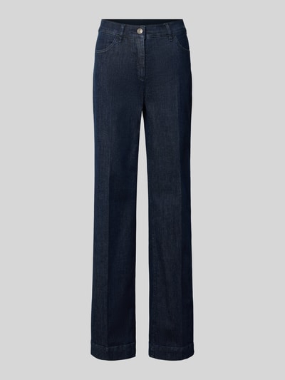 Productfoto, donkerblauwe jeans met rechte pijpen, gladde katoenen stofstructuur, Wide & Loose Fit Jeans uit mix van katoen en lyocell model 'Jenny' van TONI, dames loose fit jeans van TONI