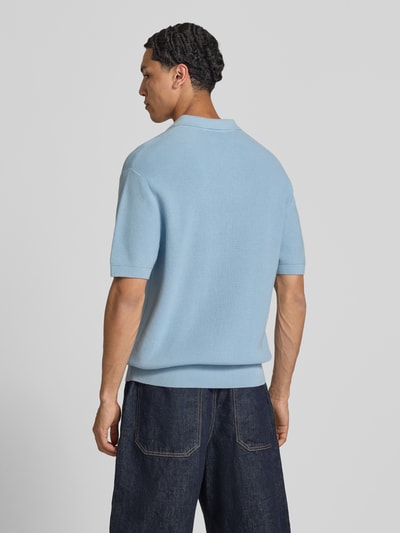 Mężczyznamodel nosi Boxy Fit Poloshirt mit Logo-Stitching od REVIEW, bawełna, pudełkowy krój, kołnierzyk polo, zamek błyskawiczny, wyhaftowane logo, długość tyłu w rozmiarze M: 67 cm, jasnoniebieski, dzianinowa faktura, szerokie rękawy, widok całej sylwetki z tyłu.