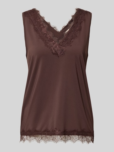 Produktfoto, Regular Fit Bluse mit Spitzenbesatz Modell 'Bicco' von FREE/QUENT in Braun, ärmellos, V-Ausschnitt, elastischer Material-Mix, feine Spitzenstruktur