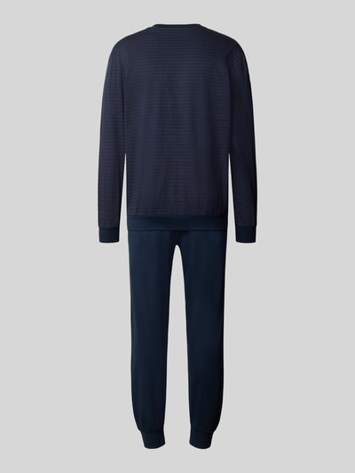 Produktfoto, Regular Fit Pyjama-Set aus reiner Baumwolle von Schiesser in Dunkelblau mit elastischen Abschlüssen, Rückansicht, Herren Pyjama-Set, reine Baumwolle, Brusttasche, langärmeliges Design, Knöchellänge.