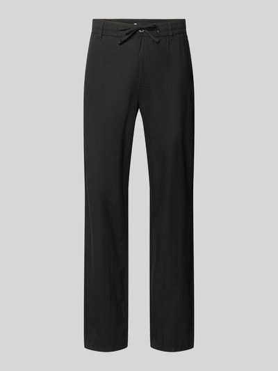 Produktfoto, Hose aus Leinen-Baumwoll-Mix mit elastischem Bund von Lindbergh in Schwarz mit Eingrifftaschen, Regular-Fit, glatte Textur, Herren, Bundweite 40 cm, Innenbeinlänge 79 cm, Größe M.