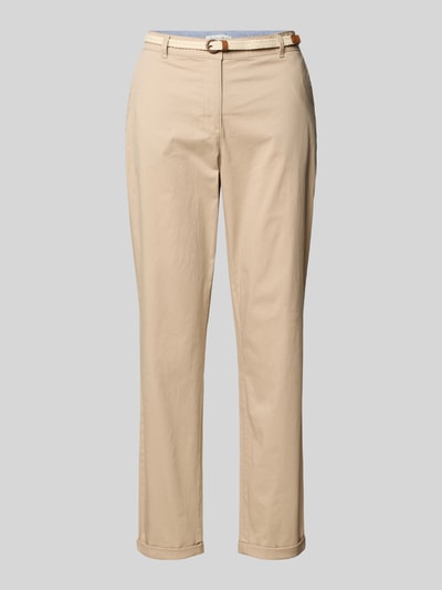 Produktfoto, Casual Fit Chino mit Baumwoll-Anteil von Christian Berg Woman in Beige, elastischer Baumwoll-Mix, Gürtel, verkürzt, Seitentaschen, Knopf-Reißverschluss