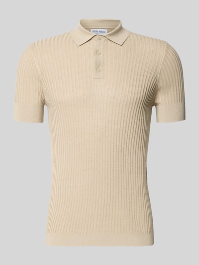 Produktfoto, Slim Fit Poloshirt aus Viskose-Mix mit Leinen-Anteil von Antony Morato, Strick-Optik, Polokragen, beige, Rückenlänge 70 cm, Größe M