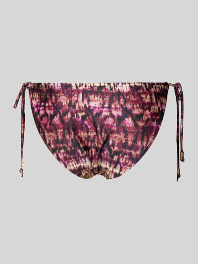 Produktfoto, Bikini-Slip mit seitlicher Schnürung Modell 'AMNESIA' von DORINA aus Material-Mix mit Stretch-Anteil, Allover-Muster in Lila- und Beigetönen.