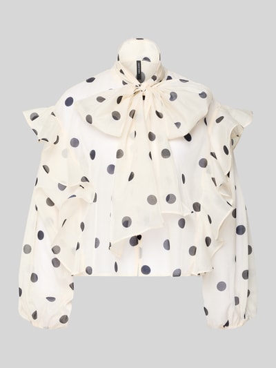 Productfoto, Regular Fit Schluppenbluse met ruches model 'DOROTHY' van Vero Moda, all-over polkadotmotief, semitransparant, mock neck met strik, lange ballonmouwen met elastische boorden, knoopsluiting, lichte stof.