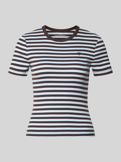 Produktfoto, Slim Fit T-Shirt aus Baumwoll-Mix Modell 'VAL' von ONLY, braun-weiß gestreift, feine Ripp-Struktur, Damen T-Shirt von ONLY