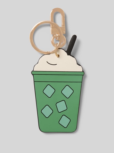 Productfoto, groene en crèmekleurige sleutelanhanger met karabijnhaak en metallic ring, model 'MY MATCHA LATTE' van Seidenfelt, dames sleutelanhanger met motiefhanger
