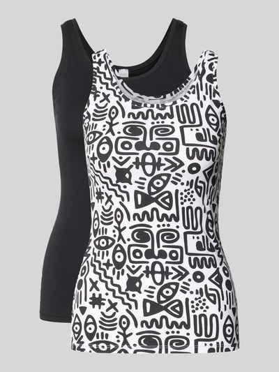 Produktfoto, Unterhemd mit breiten Trägern im 2er-Pack von SKINY X KURANYI, schwarzes Modell und Modell mit grafisch-abstraktem Allover-Muster, körpernaher Schnitt, Rundhalsausschnitt, Jersey-Textur, 95% Baumwolle 5% Elasthan.
