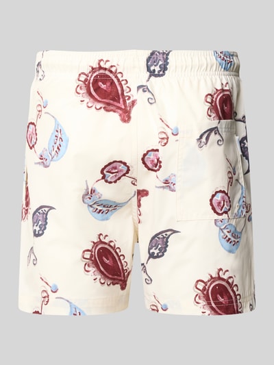 Produktfoto, Regular Fit Badeshorts mit Allover-Animal-Print Modell 'Maui' von Jack & Jones, cremefarben mit roten und blauen Mustern, elastischer Bund und Gesäßtasche.
