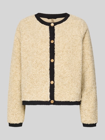 Produktfoto, Strickjacke mit Knopfleiste Modell 'BESSIE' von Soyaconcept in Beige mit schwarzen Rändern, grobe Struktur, Regular Fit, Rundhalsausschnitt, gerippte Abschlüsse
