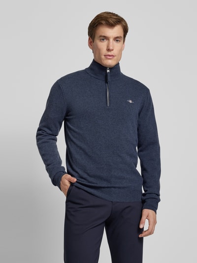 Gant Gebreide pullover met labelstitching, model 'SUPERFINE' Marineblauw gemêleerd - 4