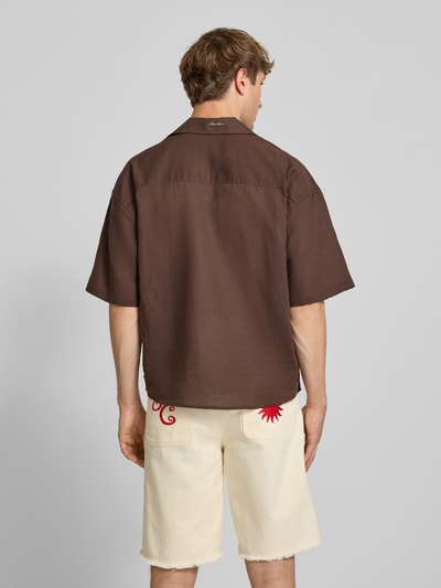 ANOTHER COTTON LAB Koszula lniana o kroju relaxed fit z wyhaftowanym logo Ciemnobrązowy 5