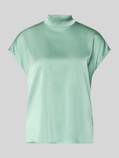 Produktfoto, Blusenshirt mit Stehkragen von Jake*s Collection in mintgrünem Material-Mix mit Stretch-Anteil, Regular-Fit, Rückseitiger Reißverschluss, Rückenlänge 59 cm bei Größe 38, glatte Oberfläche, sanfter Glanz.