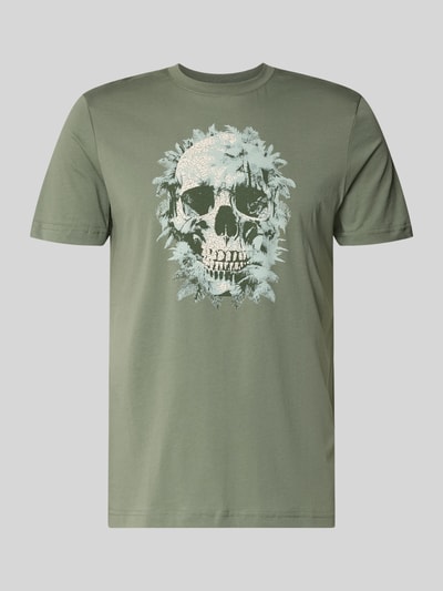 Produktfoto, Regular Fit T-Shirt mit Motiv-Print von Antony Morato aus reiner Baumwolle, Rundhalsausschnitt, olivgrün, Größe M, Rückenlänge 69 cm