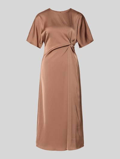 Productfoto, Midikleid met knoopdetail model 'Dela' van JOOP!, satijn, rechte fit, ronde hals, effen lichtbruin, glad oppervlak