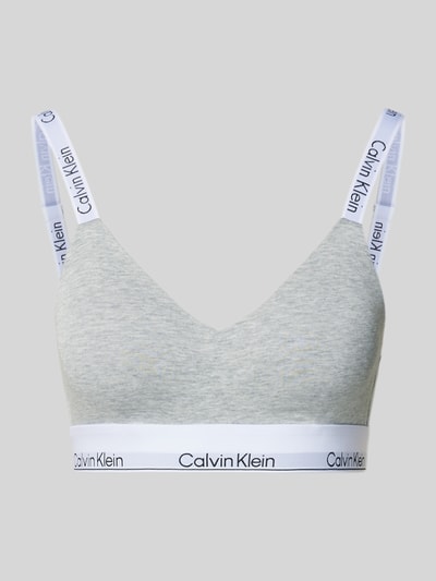 Produktfoto, Biustonosz typu bralette z dekoltem w serek, pas z logo i ramiączka z logo, dopasowany krój, Bralette mit Label-Bund von Calvin Klein Underwear, szary melanż, gładka faktura.