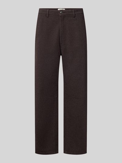 Produktfoto, Straight Fit Stoffhose aus Baumwoll-Mix Modell 'GONAGO' von DRYKORN in Dunkelbraun, glatte Textur, sichtbare Eingrifftaschen, Knopf- und Reißverschluss, Kontext: elastischer Baumwoll-Mix, Bundweite 45 cm, Innenbeinlänge 69 cm.