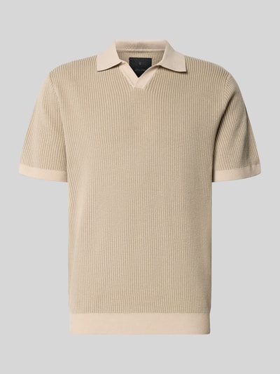 Produktfoto, Regular Fit Poloshirt in Strick-Optik Modell 'Preston' von Jack & Jones Premium, Reine Baumwolle, Kurzärmelig, Polokragen, beige Farbe, fein gerippte Textur, Rückenlänge bei Größe M 70 cm.
