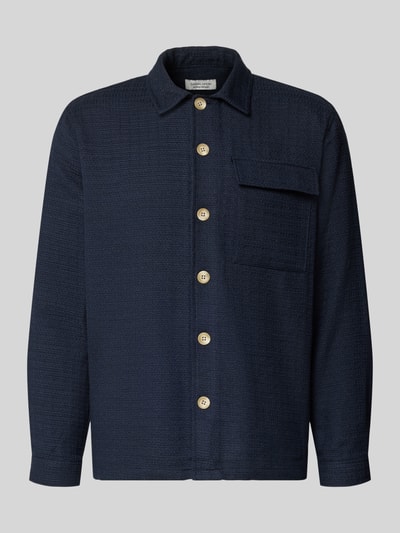 Produktfoto, donkerblauwe Regular fit Hemdjacke met borstzak model 'Matt' van Casual Friday, materiaalmix met katoen, lange mouwen, kentkraag, knoopsluiting, ruglengte maat M 72 cm