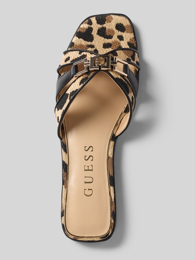 Produktfoto, Slipper aus Leder-Mix Modell 'Realla' von Guess, Allover-Animal-Print, glatte Sohle, abgerundete Passform, Absatz 2 cm, beige-schwarz