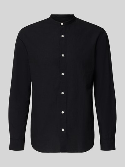 Produktfoto, schwarzes Freizeithemd mit Leinen-Anteil Modell 'BREEZE' von Jack & Jones, Stehkragen, Knopfleiste, Baumwoll-Leinen-Mix, Regular Fit, glatte Struktur