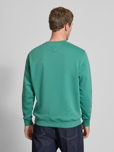 Männermodel trägt Regular Fit Sweatshirt aus Baumwoll-Mix Modell 'LINEAR CREW' von Tommy Jeans in Optik: Unifarben, Ganzkörperansicht Rückansicht.