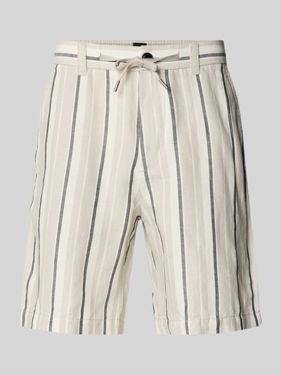 Produktfoto, Straight Leg Chinoshorts Leinen-Baumwoll-Mix Modell 'CHINO_ST_SHORTS_2' von BOSS Orange, gestreift, beige-grau, Textur leicht strukturiert, seitliche Eingrifftaschen, elastischer Bund mit Tunnelzug