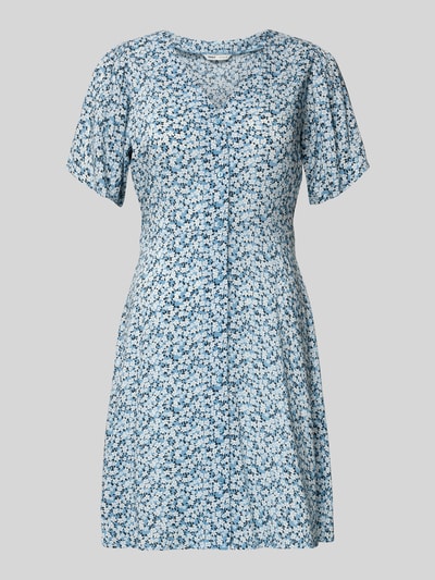 Produktfoto, Minikleid aus reiner Viskose Modell 'EVIDA' von Only, Optik: Allover-Muster, Passform: Tailliert, Mini-Länge, V-Ausschnitt, Knopfleiste, Taillengürtel, Kurzarm, Material: Reine Viskose, überwiegend blaue und weiße Farbtöne, weiche Textur, dezentes florales Muster.