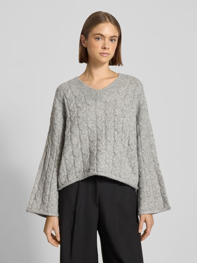 Noisy May Sweter z dzianiny z dodatkiem wełny i ściegiem warkoczowym model ‘MELOISE’ Średnioszary 4