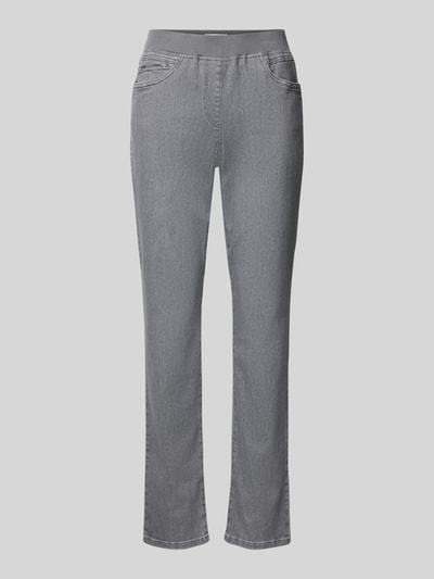 Produktfoto, Straight Fit Jeans mit elastischem Bund von Raphaela by Brax, grauer Baumwoll-Mix mit Stretch, gerader Schnitt, 5-Pocket-Design, Zierbesatz.