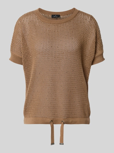 Produktfoto, Strickpullover mit Ziersteinbesatz und Tunnelzug von monari, Reine Baumwolle, Relaxed-Fit, Rundhalsausschnitt, kurzärmlig, sandfarben, strukturierte Netzoptik, Länge 55 cm, Ärmellänge 16 cm, Größe 36