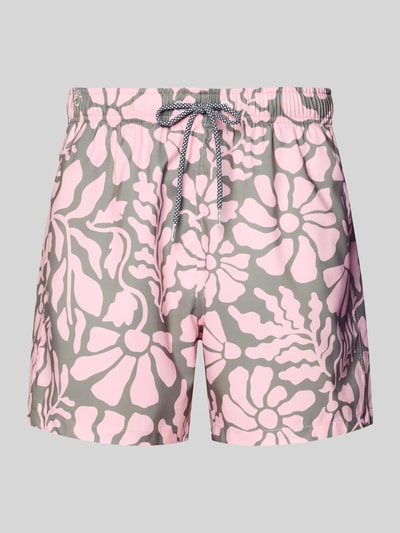 Produktfoto, Badehose im Allover-Look Modell 'Melo' von BOARDIES mit elastischem Bund und Kordelzug, rosa-graues Blumenmuster, Regular Fit