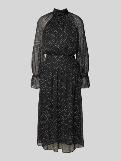 Produktfoto, schwarzes Chiffon Midikleid mit weißen Punkten, taillierter Schnitt, Modell 'POLKY' von Mango, kleiner Stehkragen