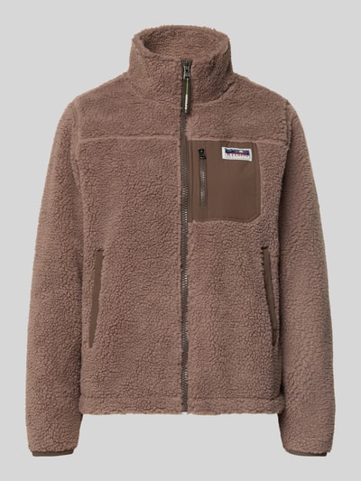 Produktfoto, Fleecejacke mit Reißverschluss Modell 'Heritage' von Superdry in Braun, Stehkragen, Eingrifftaschen, Label-Detail, strukturierte Textur