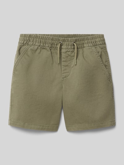 Produktfoto, Shorts met steekzakken en elastische band van GAP, katoenmix met stretch, loose fit, labeldetail, olijfgroen, egale textuur